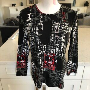 Nygard Collection Abstract Print Scoop Neck 3/4 Slv Polyester Top Blk Wht Sz S